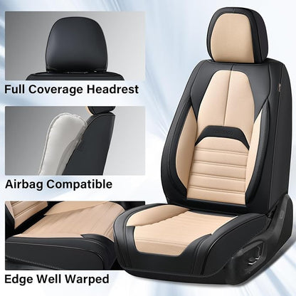 Coverado Car Seat Covers Full Set, Seat Covers for Cars, Automotive Seat Covers, Waterproof Nappa Leather Front Seats and Back Car Seat Protector, Universal Fit for Most Cars SUV Trucks,Black&Beige