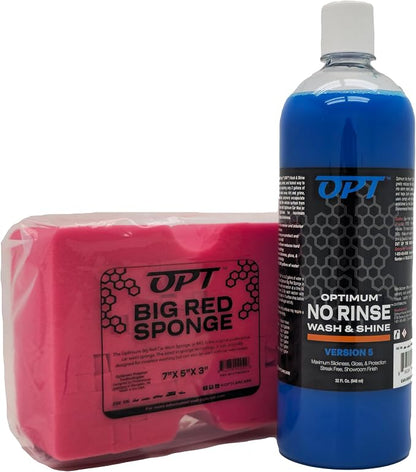 Optimum No Rinse Version 5 (32 Oz) and Big Red Sponge (BRS) Car Cleaning Kit, ONR Rinseless Car Wash and Wash Sponge for Washing and Auto Detailing