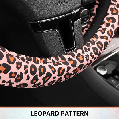 Road Comforts Leopard Steering Wheel Cover for Women, Cute Anti-Slip Microfiber Leather, Fits 14.5-15 Inch Steering Wheel 14.5-15 Inch - Black and Pink Cheetah