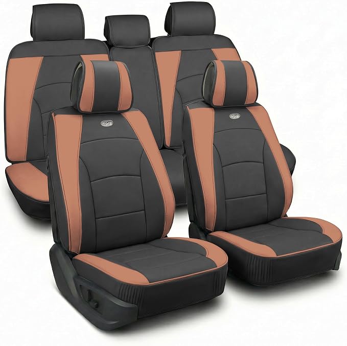 FH Group Ultra Comfort Highest Grade Faux Leather Full Set Cushion Pads Car Seat Covers for Front and Rear– Universal Fit for Cars Trucks & SUVs (Brown/Black)