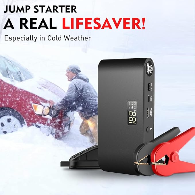 BOOKOO Car Battery Jump Starter 4000A,16000mAh Portable Battery Jumper Cables for Car 8L Gas 7L Diesel Engines,Jump Box with USB QC 3.0 PD 18W Fast Charging,3 LED Modes with SOS for Emergency Use
