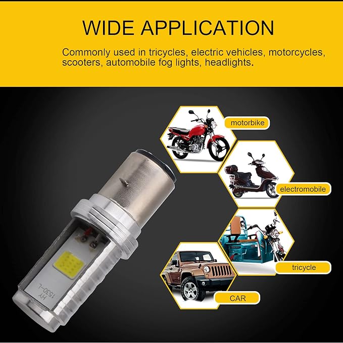 YM E-Bright 2-Pack 900 Lumens White BA20D COB 12W Led Bulb for Motorcycle BA20D lights High Low Beam