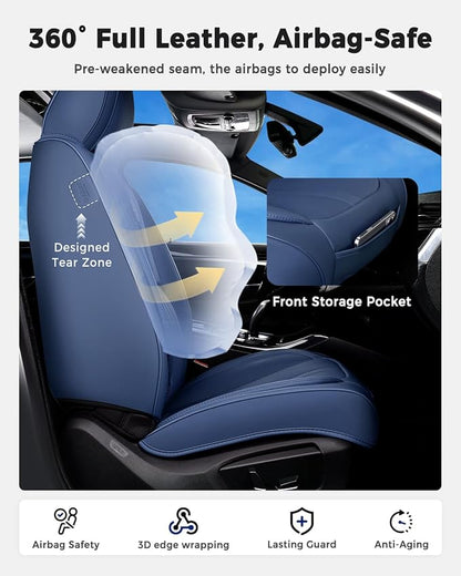Huidasource Blue Front Seat Cover Luxury Nappa Leather, Front Car Seat Covers with Airbag, Front Storage Pocket, Lumbar Support, Cooling＆Heating, Seat Cover Universal Fit for Most Cars SUV Trucks Blue