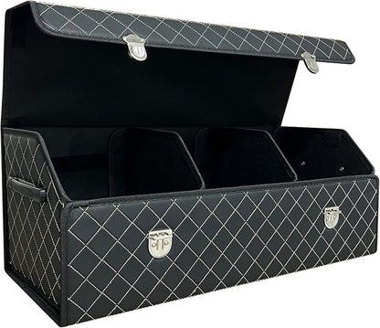 Car Trunk Organizer with Lid,Foldable Faux Leather Cargo Storage Box,3 Compartments,Collapsible Multi-Functional for SUV,Sedan,Vehicle Trunk