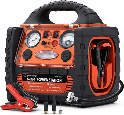 2200 Amp Car Jump Starter with Air Compressor,Portable Power Station with 260 PSI Tire Inflator,400W Power Inverter Dual AC/DC Ports,2.1A USB Port,Battery Clamps