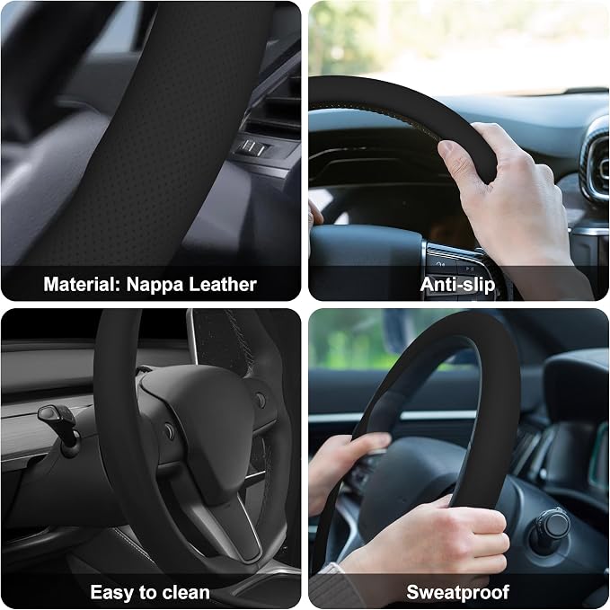 Frani Nappa Leather Steering Wheel Cover,Universal Fit 15 Inch-Premium Non-Slip Breathable Comfort Grip for Cars Trucks SUVs,Anti-Slip Durable Interior Upgrade Black