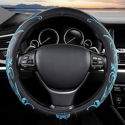 Blue Embroidery Butterfly Car Steering Wheel Cover,14.5-15 Inch Universal Leather Covers Breathable Anti-Slip Odorless Steering Wheels Accessories for Men Women