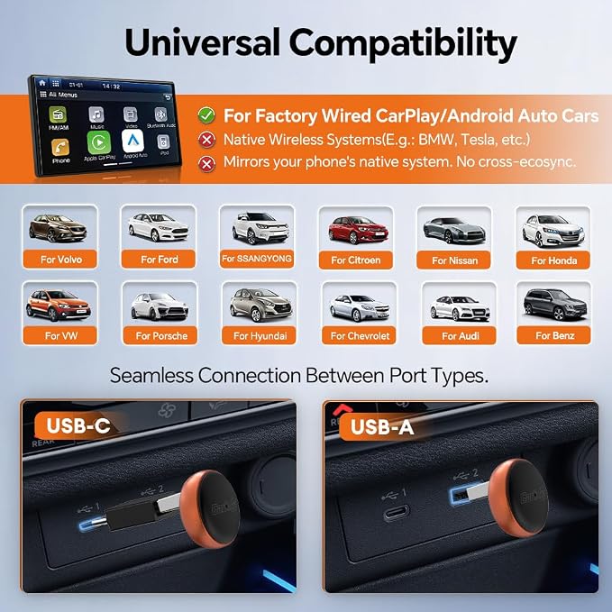 Carlinkit Mini Ultra 3 Wireless CarPlay Adapter, Wireless Android Auto Adapter, Convert OEM Wired to Wireless Dongle, USB-A/C Plug & Play, Auto-Connect, OTA Upgrade, Orange