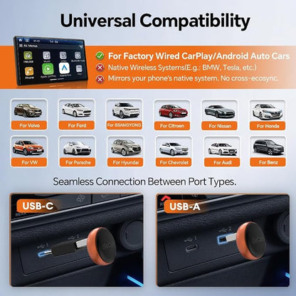 Carlinkit Mini Ultra 3 Wireless CarPlay Adapter, Wireless Android Auto Adapter, Convert OEM Wired to Wireless Dongle, USB-A/C Plug & Play, Auto-Connect, OTA Upgrade, Orange