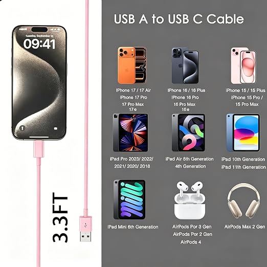 Cute Pink iPhone 17/17E Car Carplay Charger Cable for iPhone 17/16/15, 15/16/17 Pro Max 15 16 Plus Charging cable, USB A to USB C for iPad 10th Gen iPad Pro, Air 5th 4th Mini 6th Replacement (3.3 FT)