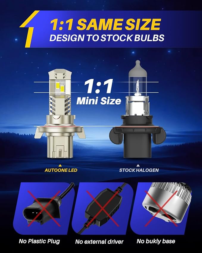 AUTOONE H13 9008 LED Light Bulb, 52000LM 800% Super Bright Hi/Low Beam Light bulbs, 6000K Cool White, 1:1 Mini Size Quick Install No Adapter Needed, Nonpolarity Plug N Play, Pack of 2