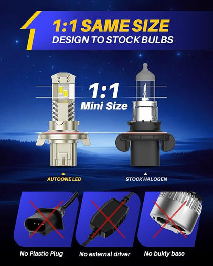 AUTOONE H13 9008 LED Light Bulb, 52000LM 800% Super Bright Hi/Low Beam Light bulbs, 6000K Cool White, 1:1 Mini Size Quick Install No Adapter Needed, Nonpolarity Plug N Play, Pack of 2