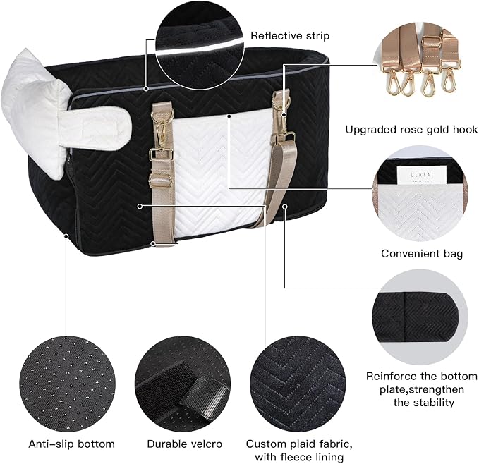 Dog Car Seat for Small Dogs Adjustable Portable Center Console Dog Car Seat Removable Cat Booster Cars Seats - Safety Belt with Cushion Anti-Collapse for Puppy Kitten Up to 15 Lbs (Black)