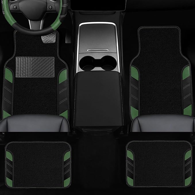 NBTEPEM 10 Pcs Car Floor Mats Full Set & Sport Leather Steering Wheel Cover 14.5-15 inch, Center Console Cover, Seat Belt Cushion, Cup Holder Coaster, Universal Automobile Interior Sets (Green)