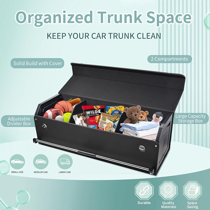 Car Trunk Organizer, Leather Trunk Organizer for Suv with Lid and Push-pull Handle Car Trunk Leather Storage Box Extra Large Cargo Storage (Black, 41.3 x 11.4 x 12.2in)