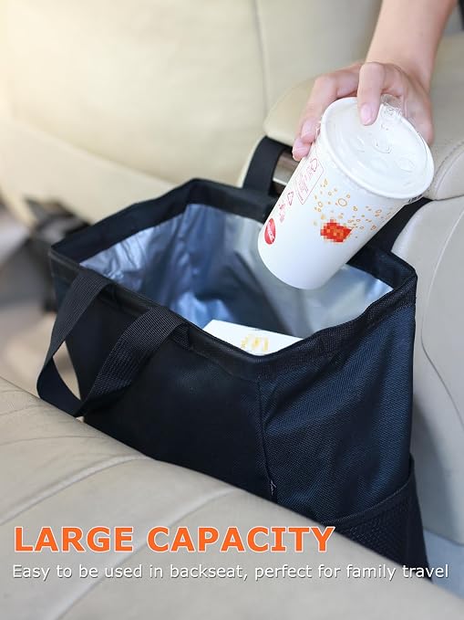 Ginsco New Leak-Proof Travel Car Trash Bag, 3.5 Gallons Large Capacity Hanging Car Trash Can with Hook and Loop Lid and Handle, Multipurpose Trash Bin with Storage Pockets for SUV RV Camping (Black)
