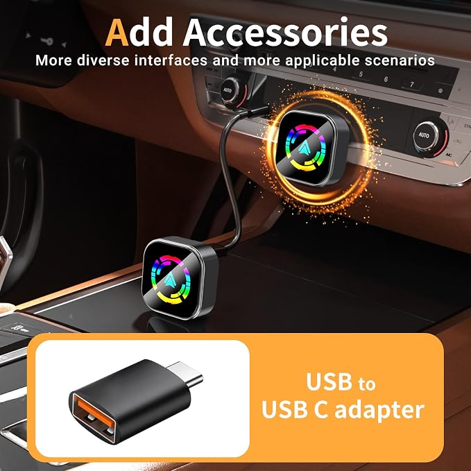 Plug-and-Play CarPlay Converter, converting Wired to Wireless Connection, 2-in-1 Wireless CarPlay and Android Auto Adapter, Quick Connection, Suitable for USB/USB-C Ports, Compact Size