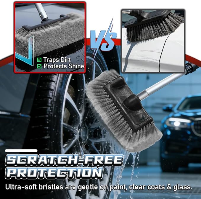 65" Flow-Thru Car Wash Brush with Universal Garden Hose Adapter, Extendable Aluminum Long Handle Cleaning Pole for RV Truck SUV Boat & House Siding,Scratch Free,Grey