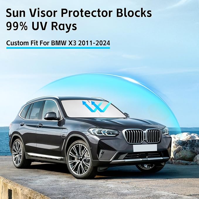 Windshield Sun Shade for BMW X3 2011-2024 Sunshade 300T Windshield Cover Shield Protector Blocks UV Rays Custom Fit X3 Front Window Shades Windshield Accessories Keep Cool Foldable