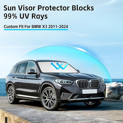 Windshield Sun Shade for BMW X3 2011-2024 Sunshade 300T Windshield Cover Shield Protector Blocks UV Rays Custom Fit X3 Front Window Shades Windshield Accessories Keep Cool Foldable