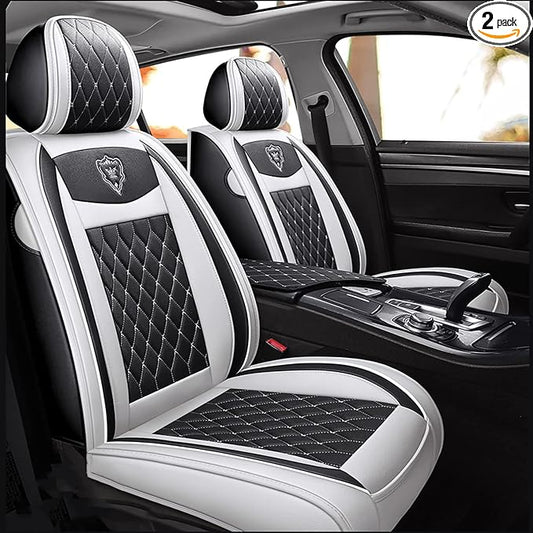 Car Seat Covers Front Seats, Super Luxurious Heavy Universal Duty Waterproof Leather Automotive Vehicle Cover for Cars SUV Pick-up Truck, Non-Slip Seat Black White Car Accessories (2 PCS Front/White)