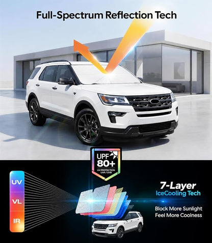 Wigoo Windshield Sun Shade Umbrella for Ford Explorer 2020-2026 [100% Sun Blockage, Ice Cooling Fabric] Foldable Heat Insulation Front Window Sunshade Umbrella for Ford Explorer 2020-2026