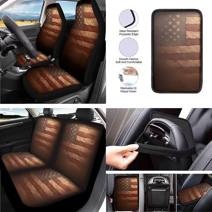 American Flag 13 Pcs Car Seat Covers, Stain USA Flag Driver Seat Cover Protector Armrest Pad, July 4th Star Stripes Steering Wheel Armrest Cover Seatbelt Cup Mats