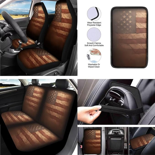 American Flag 13 Pcs Car Seat Covers, Stain USA Flag Driver Seat Cover Protector Armrest Pad, July 4th Star Stripes Steering Wheel Armrest Cover Seatbelt Cup Mats
