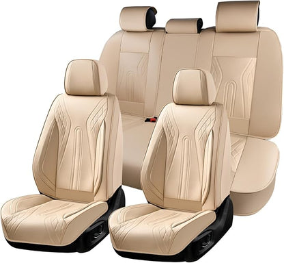 Huidasource Car Seat Covers Full Set, Universal Fit for Most Cars SUV Trucks, Full Coverage Nappa Leather Seat Cover, Airbag, Cupholder Compatible, Velcro Adjustable, Seat Function Retain, Beige