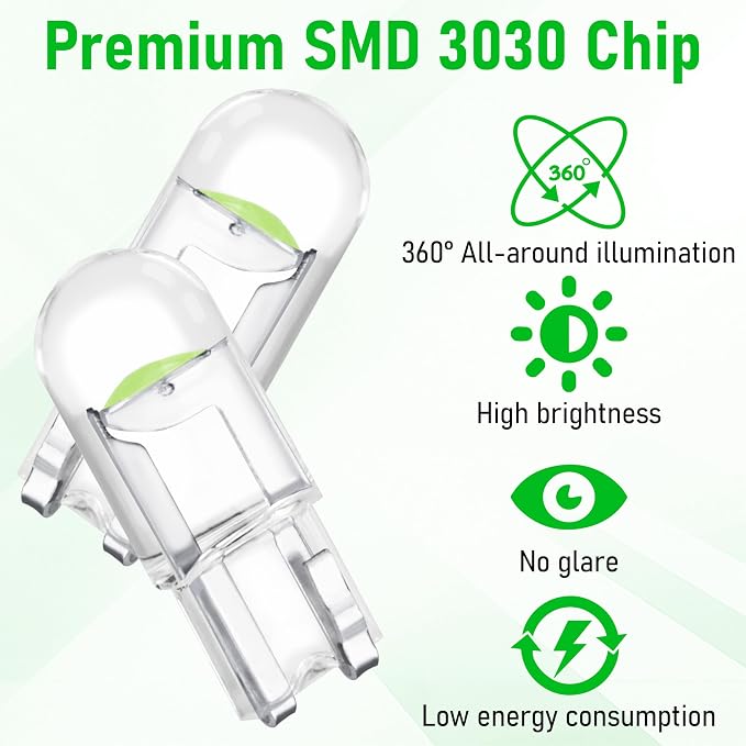 ecocstm 30 PCS Car 194 LED Bulbs, 168 2825 W5W T10 Wedge COB LED Replacement Bulb, Error Free Interior Bulb for Dashboard Light, Dome Lights (Green)