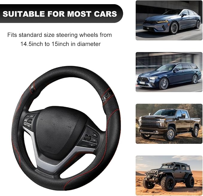 Car Steering Wheel Cover, 15 Inch Premium Leather Breathable Non-Slip Wheels Wrap, Universal Auto Comfortable Steering Wheel Protector for SUV Truck Van, Car Accessories (Black)