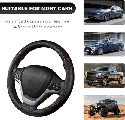 Car Steering Wheel Cover, 15 Inch Premium Leather Breathable Non-Slip Wheels Wrap, Universal Auto Comfortable Steering Wheel Protector for SUV Truck Van, Car Accessories (Black)