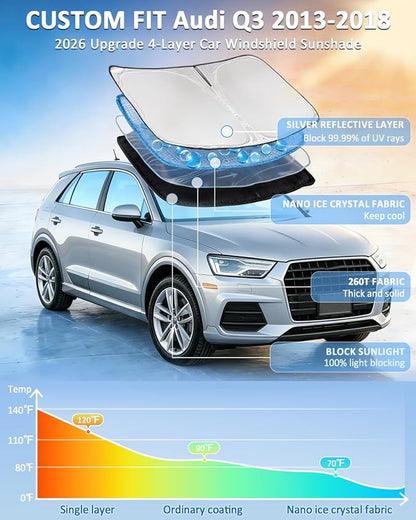 for Audi Q3 2013-2018 Windshield Sun Shade - 4 Layers Car Sunshades for Front Windows Shade Cover Custom Fit Q3 Sun Visor 250T Retractable Shade Blocks UV Rays Car Accessories