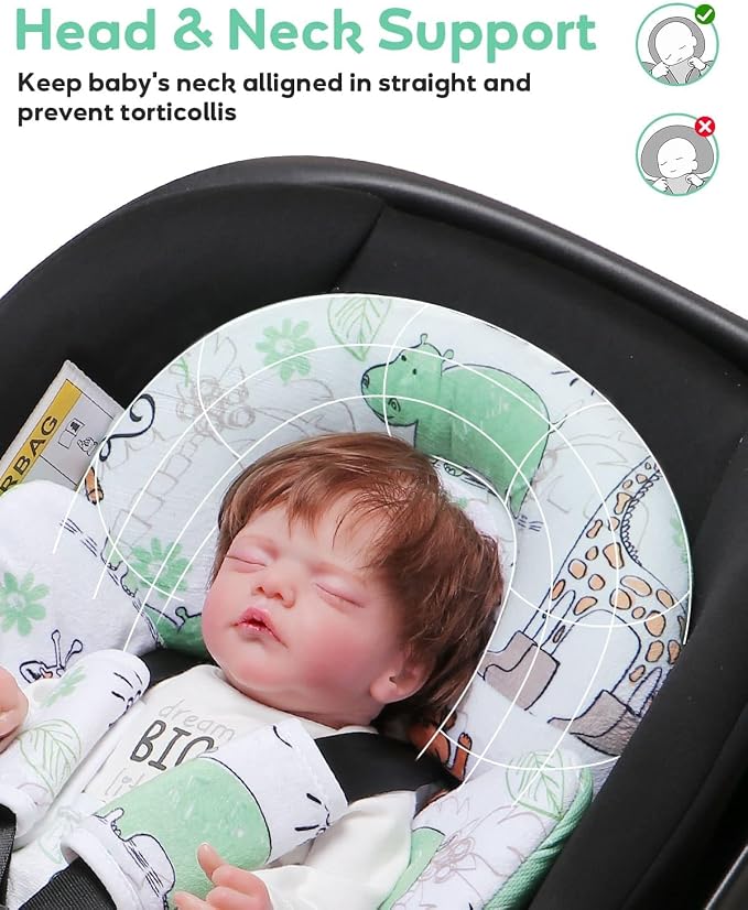 Infant Car Seat Insert, Enlarged Head Support For Baby Carseat, Reversible Newborn Insert With 3 Strap Covers, 2-in-1 Baby Car Seat Cushion for Stroller, Swing, Bouncer, Rocker - Blue Giraffe
