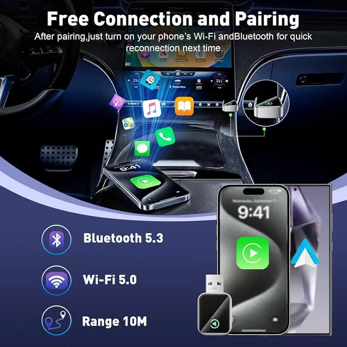 UANTIN Wireless CarPlay Adapter for Apple iPhone iOS 10+ & Cars from 2015+, Mini Edition, Converts Factory Wired to Wireless CarPlay Dongle Plug & Play, USB A/C