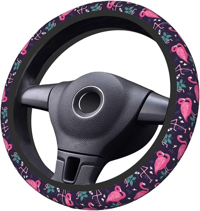 Flamingo Steering Wheel Cover for Women, Universal Auto Steering Wheel 14-15 Inch Car Interior Accessories with 2PCS Car Coasters, Suitable for Men and Women
