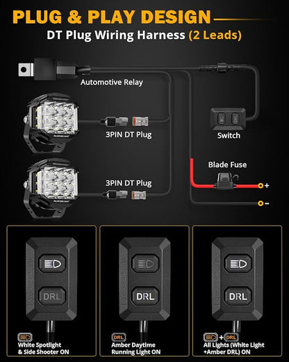 Auxbeam V-MAX Series 5 in LED Light Pods, 168W Offroad Side Shooter Round Driving Lights Pod with 3 Modes Amber DRL, 270° Wide Range Universal Auxiliary Light with Covers for Truck Jeep SUV ATV UTV