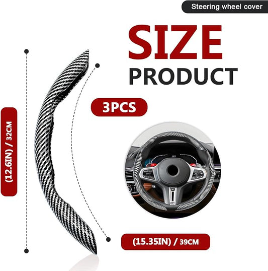 3pcs Universal Carbon Fiber Steering Wheel Cover - Anti-Slip & Segmented Design, Universal 99% Durable Steering Wheel Protector for Men and Women, Car Interior Accessory (Silver)