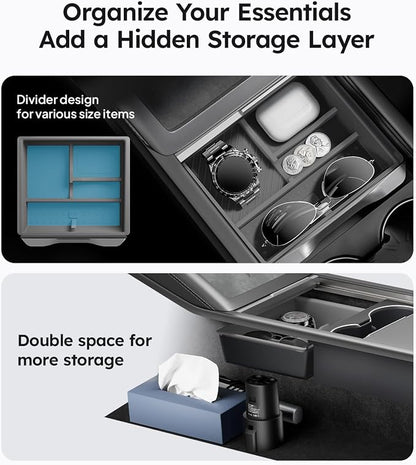 Wigoo Center Console Organizer for Tesla Model Y Juniper (Only Premium & Performance 2025 2026) and All Model 3 Highland Accessories [Double-Layer Storage, Smooth Sliding] 4PCS Gray