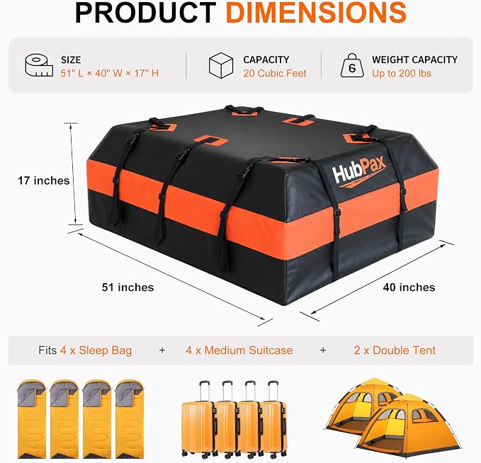 Car Rooftop Cargo Carrier Bag - 20 Cubic Feet Car Roof Top Bag Cargo Carrier for All Vehicle with/Without Rack, Includes Anti-Slip Mat, 8 Reinforced Straps, 6 Door Hooks, Luggage Lock
