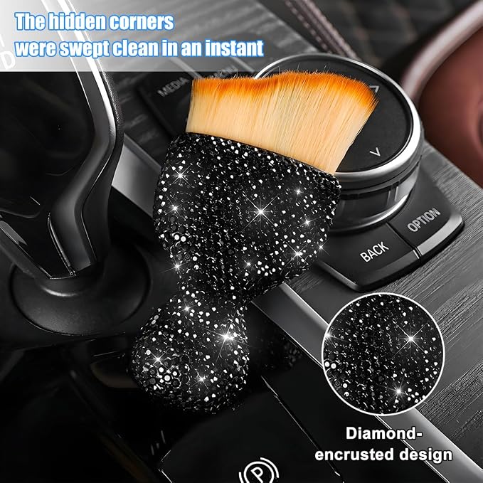 Bling Car Detailing Brush, Crystal Rhinestone Non-Scratch Vehicle Cleaning Dust Brush for Air Vent & Dashboard, Soft Bristles Automotive Interior Cleaning Tool, Universal Fit (Black)