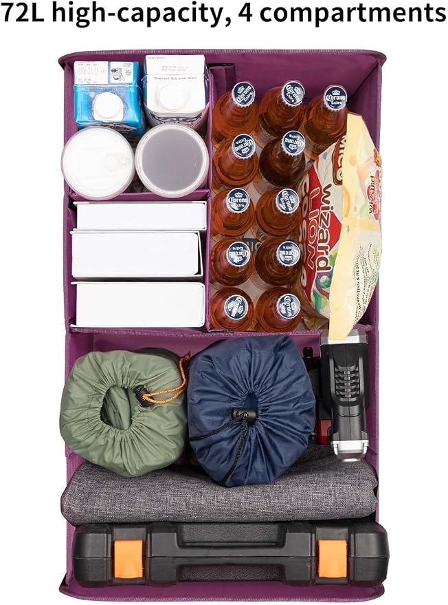 YOHOOLYO Car Trunk Organizer for SUV 72L Large Capacity Collapsible 4 Compartment Storage, Multicolor Car Accessories for Women/Men, Purple