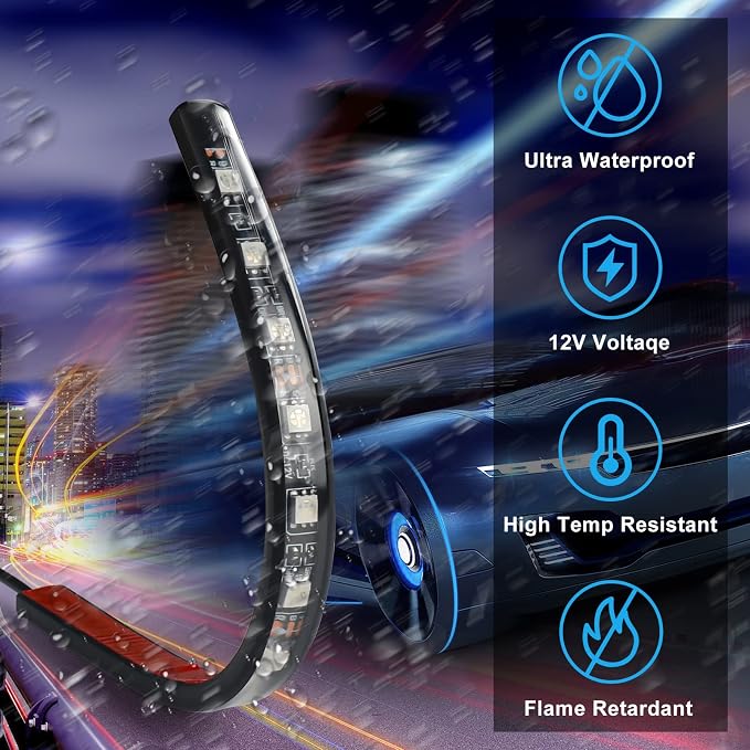 Car LED Strip Light Interior, Sound Active 4 Lines 48 LEDs Multicolor Music Sync Interior Car Lights Under Dash Waterproof led Lights for car, Wireless Remote Control, with Car Charger,DC 12V