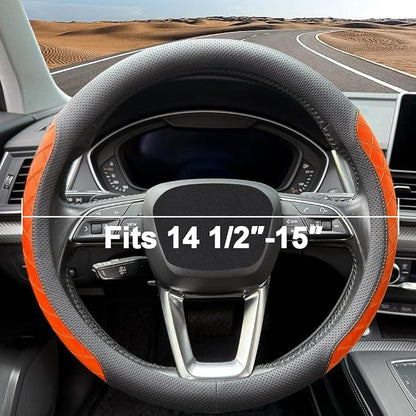 LKWLIKEI Nappa Leather Steering Wheel Cover, Diamond Checkered Design, Non-Slip wear-Resistant, Enhance Driving Comfort, Suitable for Steering Wheel Diameter 14 1/2‘-15’ Models.Black Orange