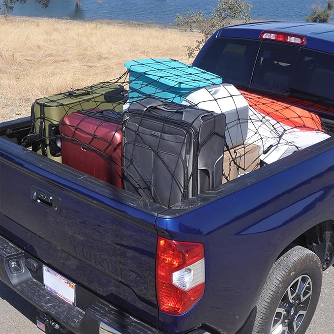Osilly Cargo Net for Pickup Truck Bed, 4'x6' Stretches to 8'x12', Roof Rack Cargo Net with 12 Metal Carabiners & 1 Storage Bag, Small 4"x4" Latex Bungee Mesh, Car Exterior Accessories