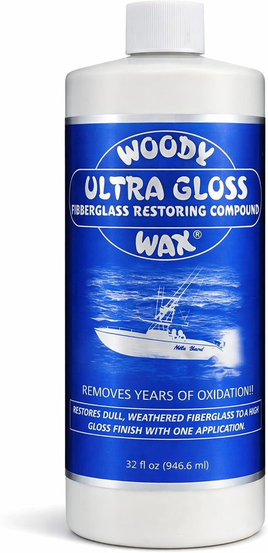 Woody Wax Ultra Gloss Restoring Compound, Professional-Grade Fiberglass Restoration & Oxidation Remover for Boats & Yachts, Diminishing Micro-Abrasive Formula for High Gloss Gel Coat Finish, 32 oz