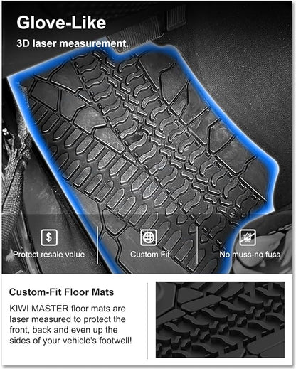 KIWI MASTER Floor Mats for 2007-2013 Jeep Wrangler JK 4-Door, OEM Replacement 82210166AC, Custom Fit All Weather Car Mats, Heavy Duty TPE Floor Liners, Front & Rear 2 Row, Black