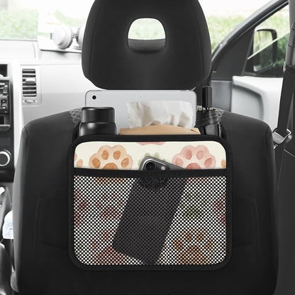 Car Backseat Organizer, PU Leather Back of Seat Car Hanging Organizer with Pockets Leakproof Car Garbage Bag Hanging Car Seat Storage Box Travel Accessories Foldable (Dogs Footprints)