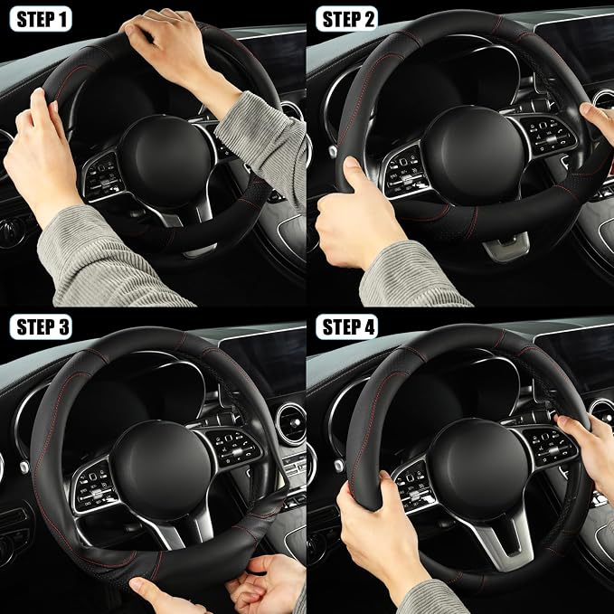 Microfiber Leather D Shaped Steering Wheel Cover, Breathable, Anti Slip, 13.5 inch to 14 inch, Black