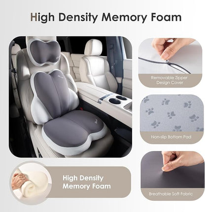 FLORICH 3 PCS Seat Cushion for Carseat Lumbar Support Pillow Car Neck Headrest Pillows Ultrathick Memory Foam Seat Pads Pressure Relief Back Cushion for Office Chair(Beige Grey)